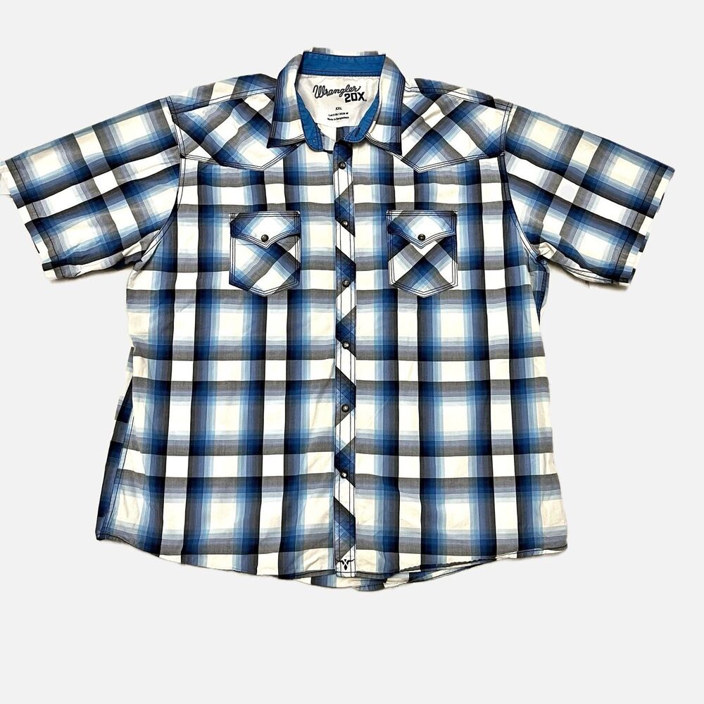 Wrangler 20X Blue Plaid Pearl Snap Short Sleeve Shirt Size XXL